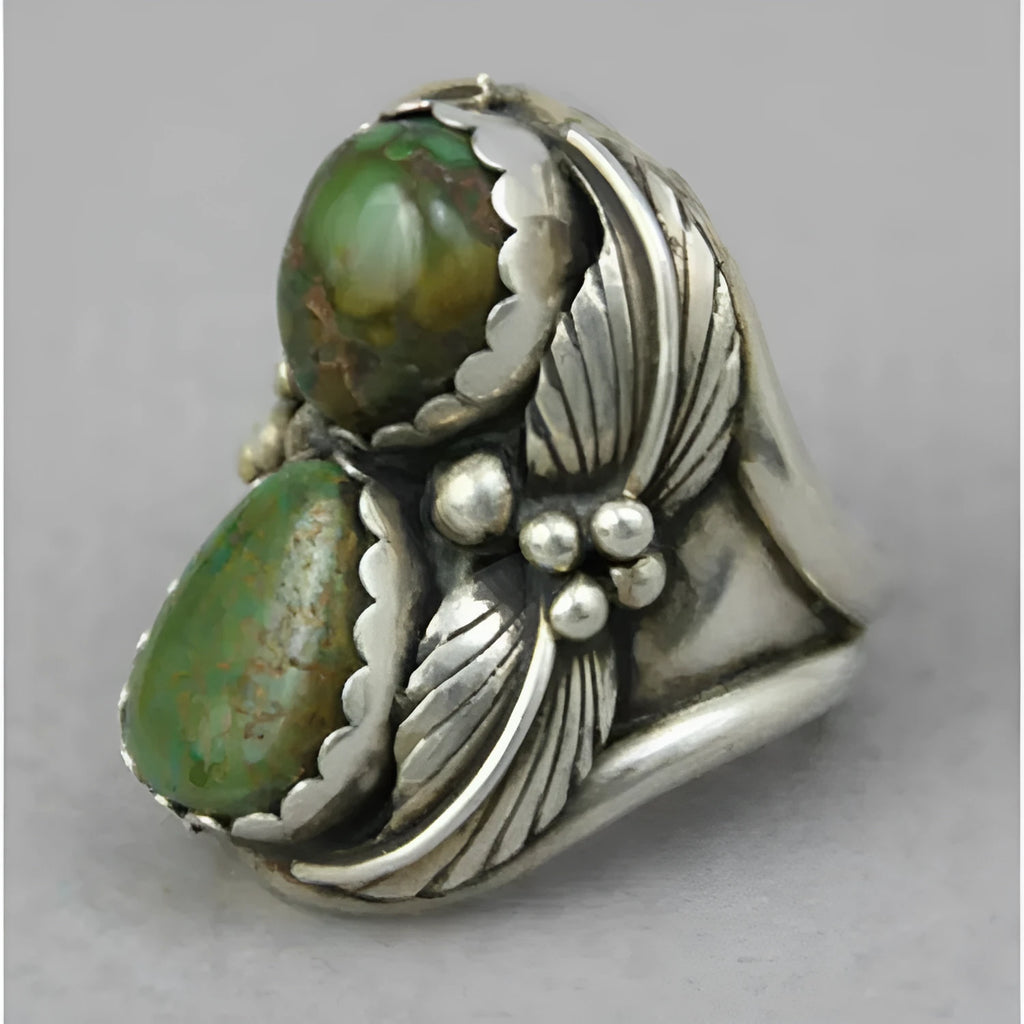 Geometric turquoise ring with inlaid retro design for women, shown on a finger