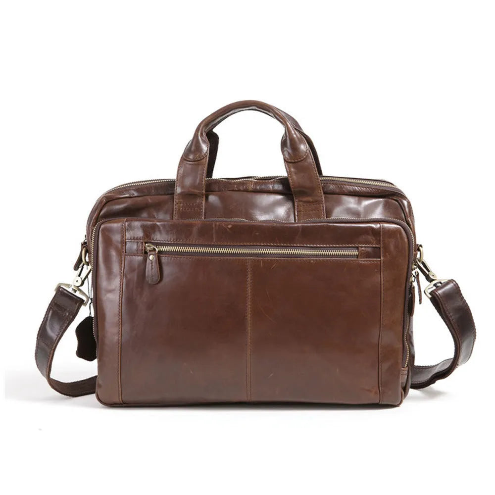 Brown 18-inch men's business briefcase in first-layer cowhide leather with visible patterning