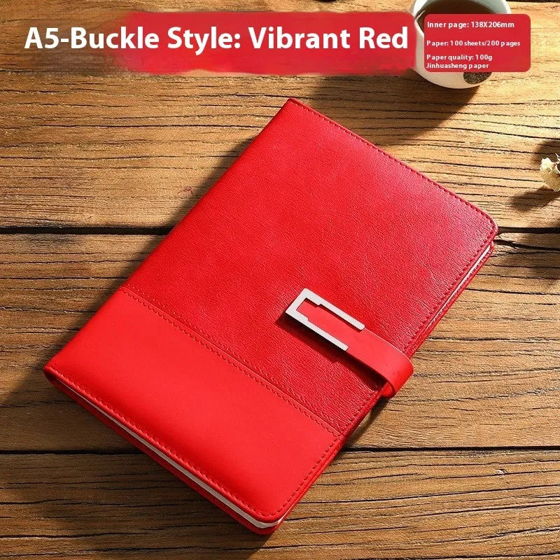 A5 business notebook with PU leather cover in brown, black, green, blue, or red, alongside a luxury gift box.