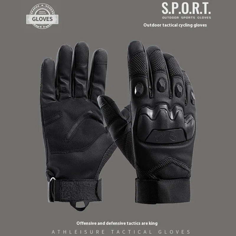 Men's black tactical training gloves with touch screen fingertips and breathable fabric construction