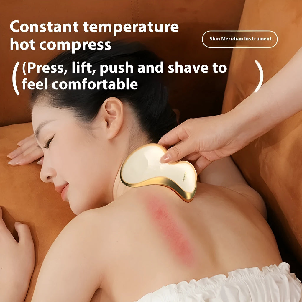Electric scraping plate massage tool with USB charging port showing golden yellow electroplated brass construction