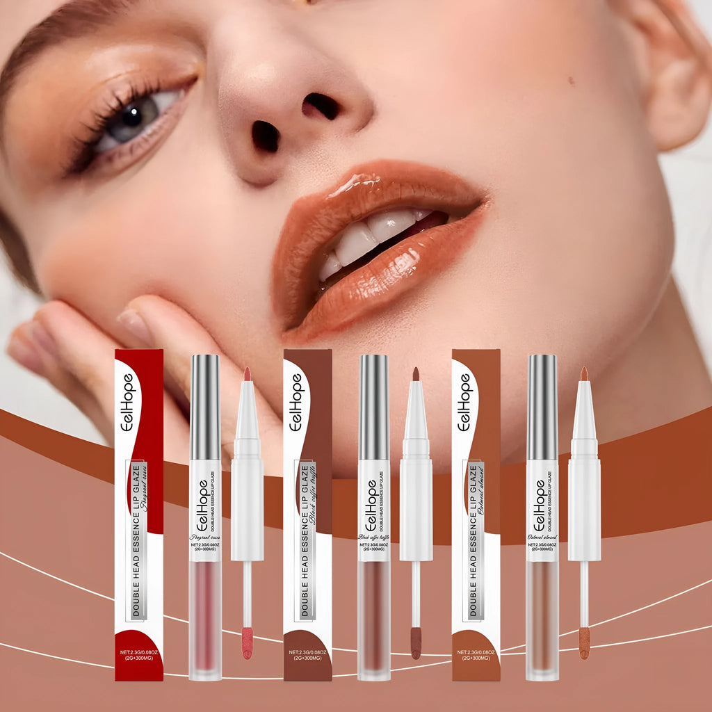 Double-headed lip liner and lip lacquer pen showing precision applicator tips for matte lip definition and colour