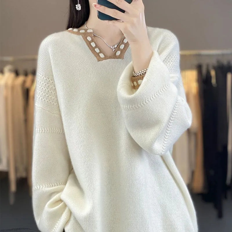 Women's camel coloured V-neck viscose fibre sweater with long sleeves