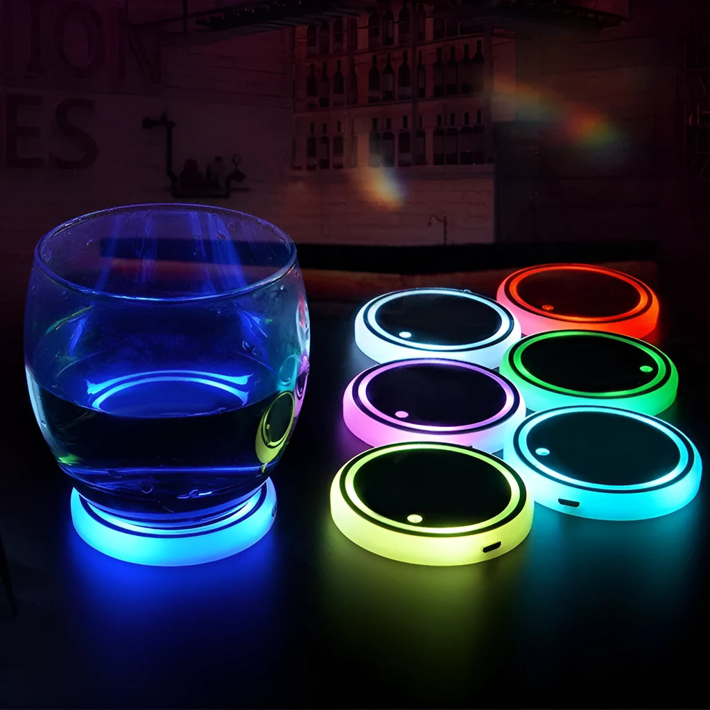 Car cup holder LED light-up coaster showing 7 colour options with USB charging cable