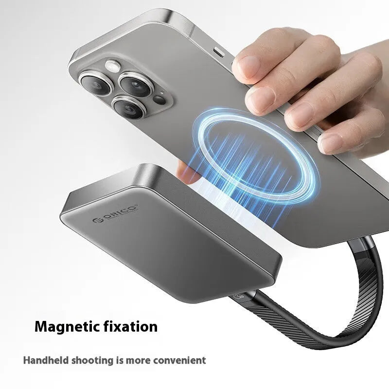 Grey magnetic mobile SSD measuring 80x60mm with ultra-thin 11.2mm profile and included C to C cable