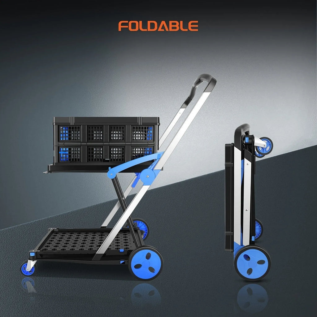 Foldable plastic shopping cart with dual-layer basket in blue colour