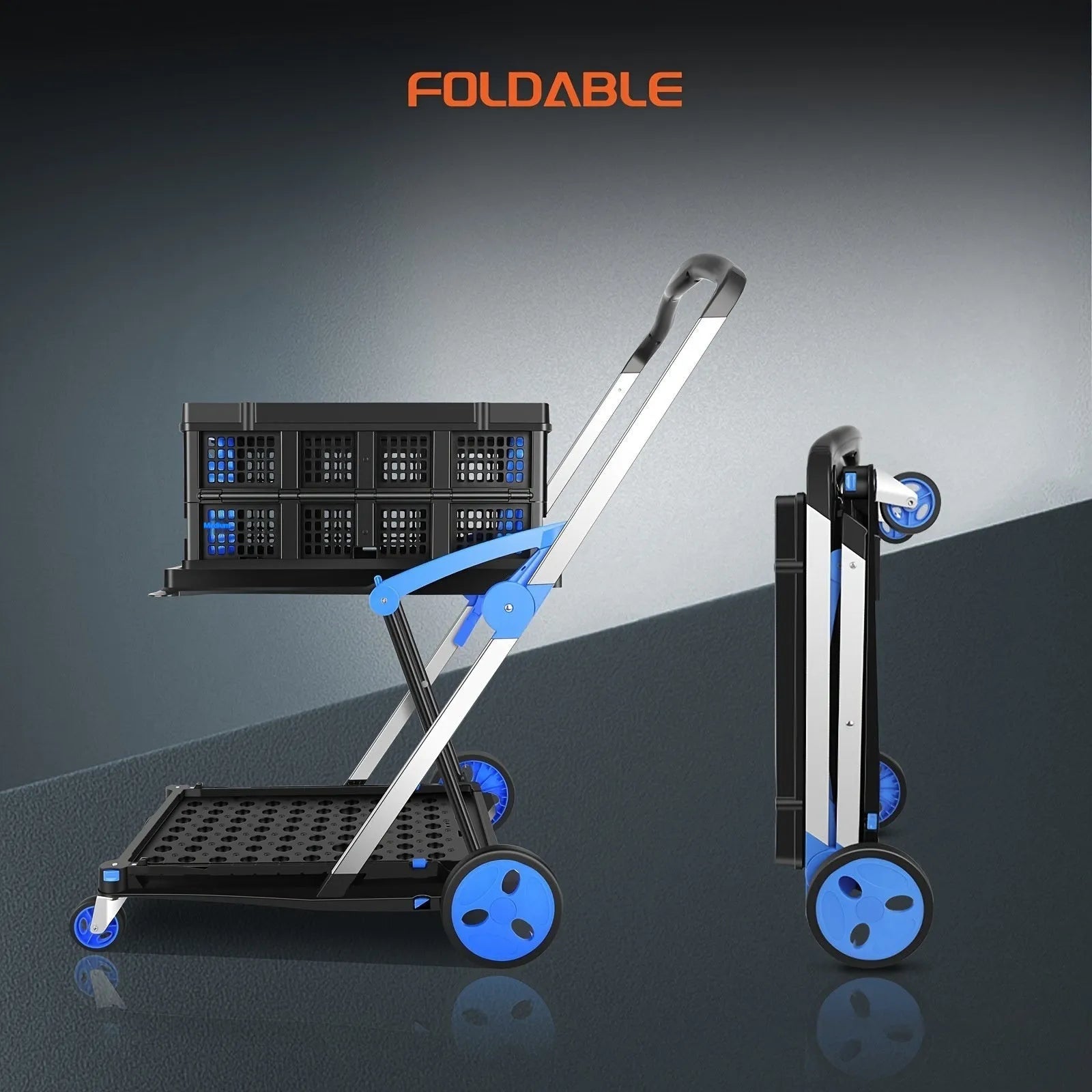Foldable plastic shopping cart with dual-layer basket in blue colour