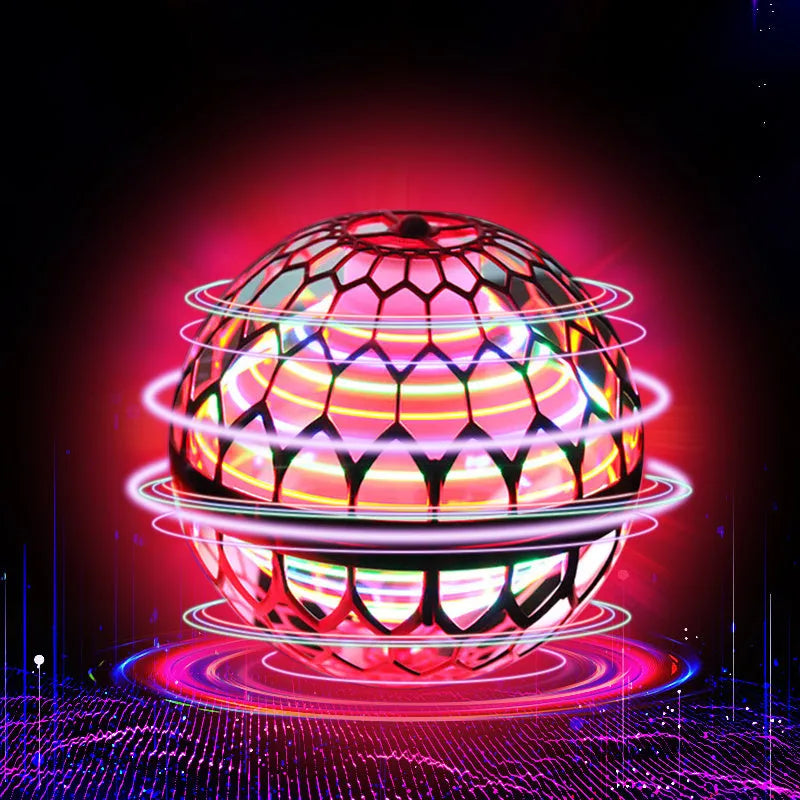 Spinning flying ball drone toy with LED lights in blue pink or red colours showing boomerang flight path