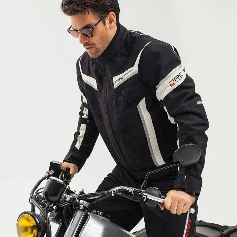 Summer motorcycle jacket in black and white nylon with reflective stripes for breathable riding protection