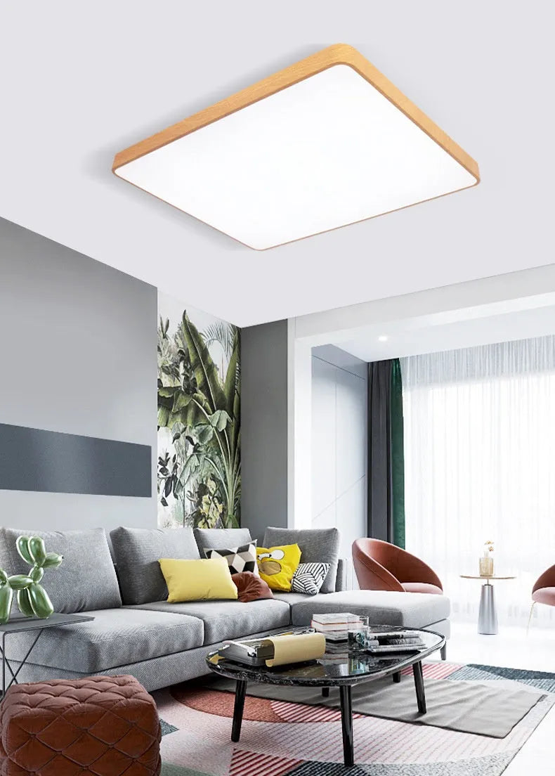 Modern square LED wall light with iron frame in wood grain finish, mounted on a wall.