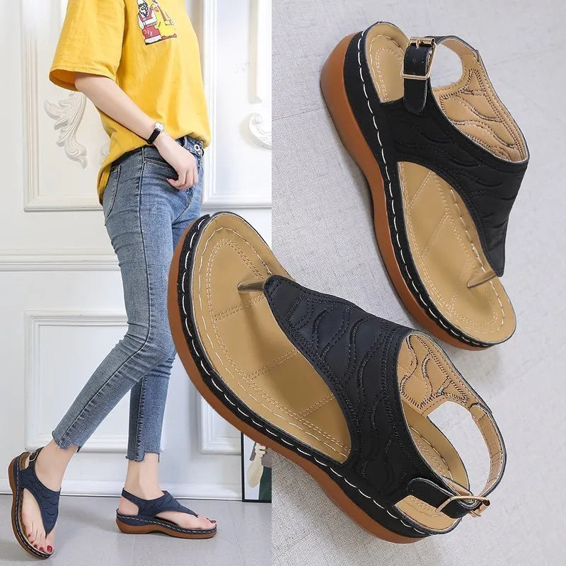 Women's casual wedge heel flip flop sandals with adjustable buckle strap in solid colour