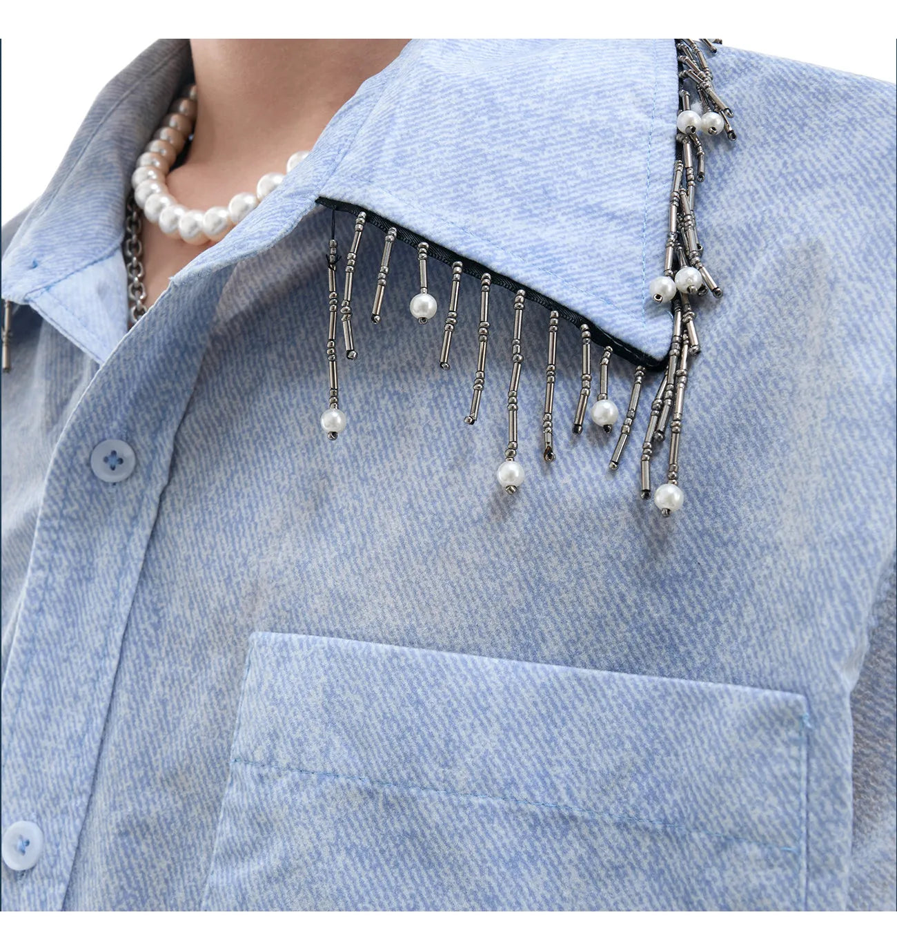 Men's blue and white gradient colour loose fit shirt with quilted pattern and short sleeves