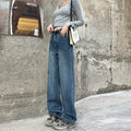 Women's retro blue high waist straight leg jeans in cotton denim showing three length variations