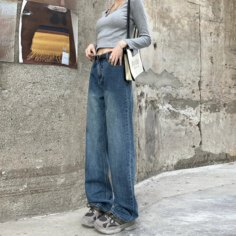 Women's retro blue high waist straight leg jeans in cotton denim showing three length variations