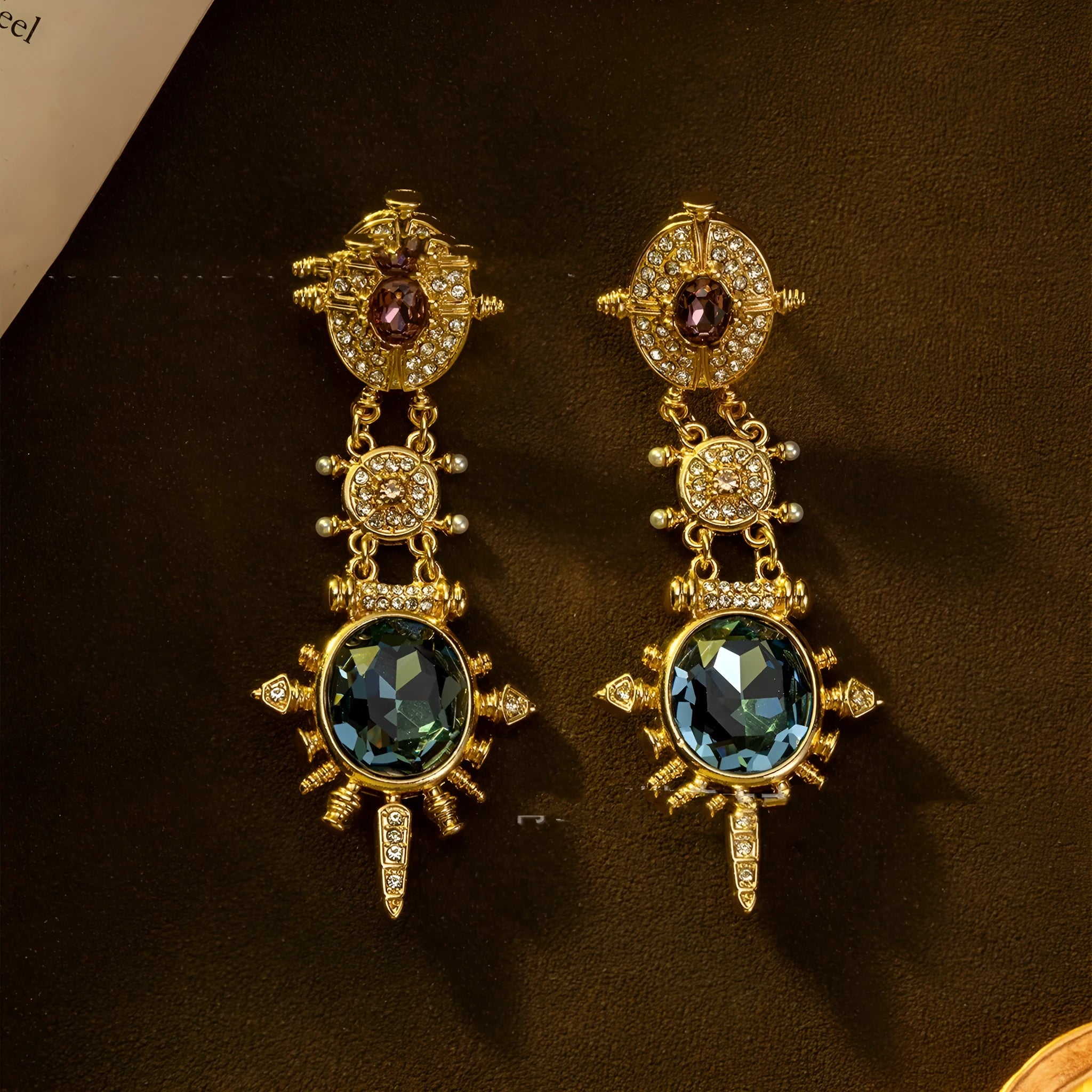 Gold retro court style stud earrings with geometry shape and round elements