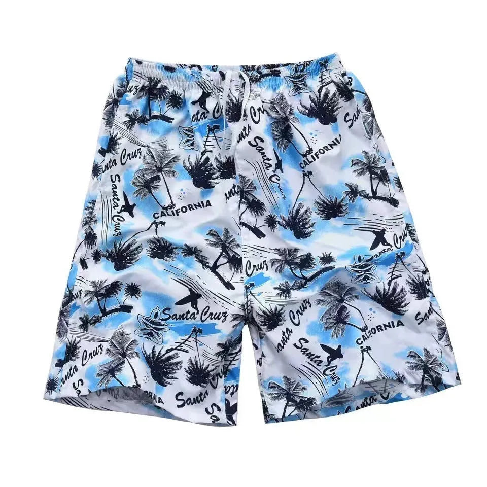 Men's floral printed five-point swimming trunks in polyester fabric with free size fit