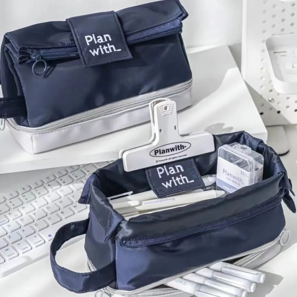 Folding double layer pencil case in polyester fabric for student stationery organisation