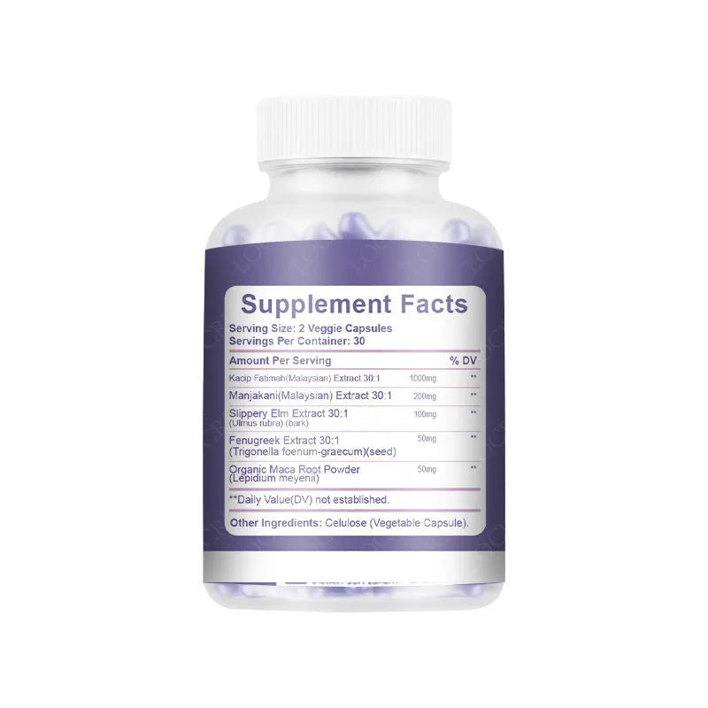 Bottle containing 60 vaginal capsules with extraction-produced botanical supplement for adult women