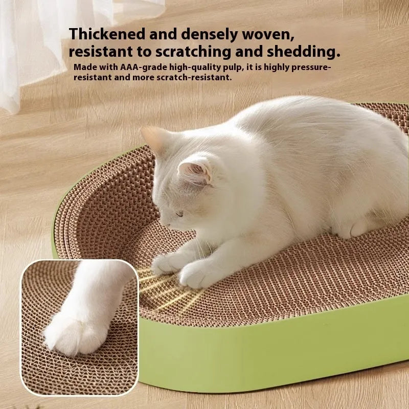 Green oval corrugated paper cat scratch board measuring 55 cm in diameter