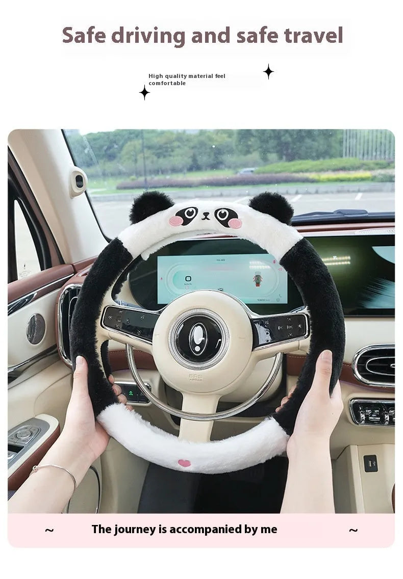 Plush cartoon animal embroidered steering wheel cover for winter, shown fitting a 38cm car steering wheel.