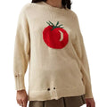 Women's milky white loose-fit acrylic jumper with jacquard knitting detail on front.