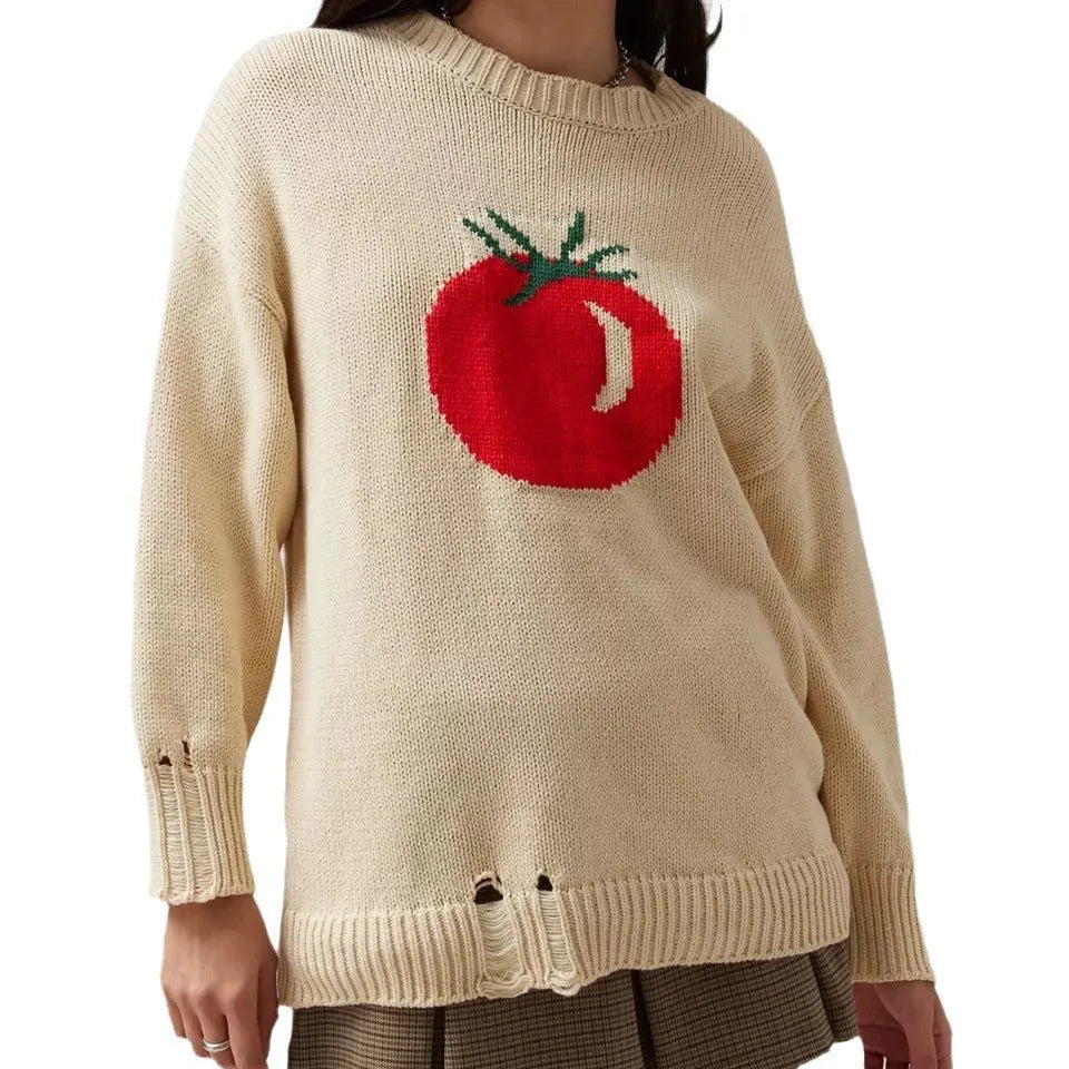 Women's milky white loose-fit acrylic jumper with jacquard knitting detail on front.