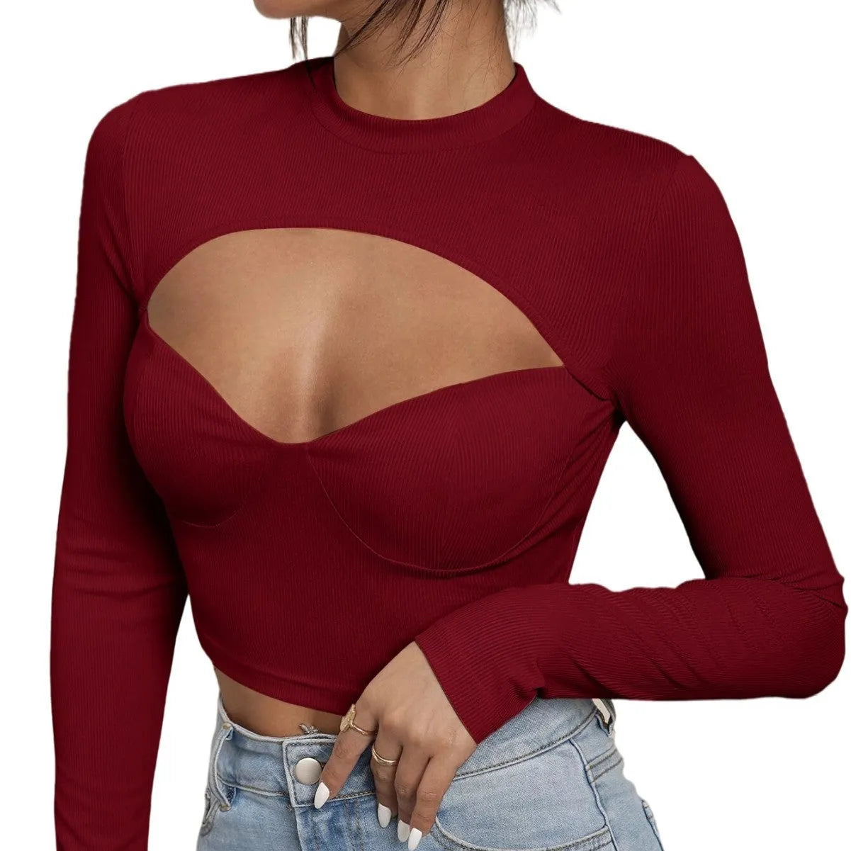Women's slim-fit ribbed polyester top with high neck and hollow-out bust cup detail