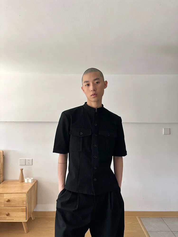 Black handmade hunting shirt with half sleeves, shirt collar, and single-breasted placket