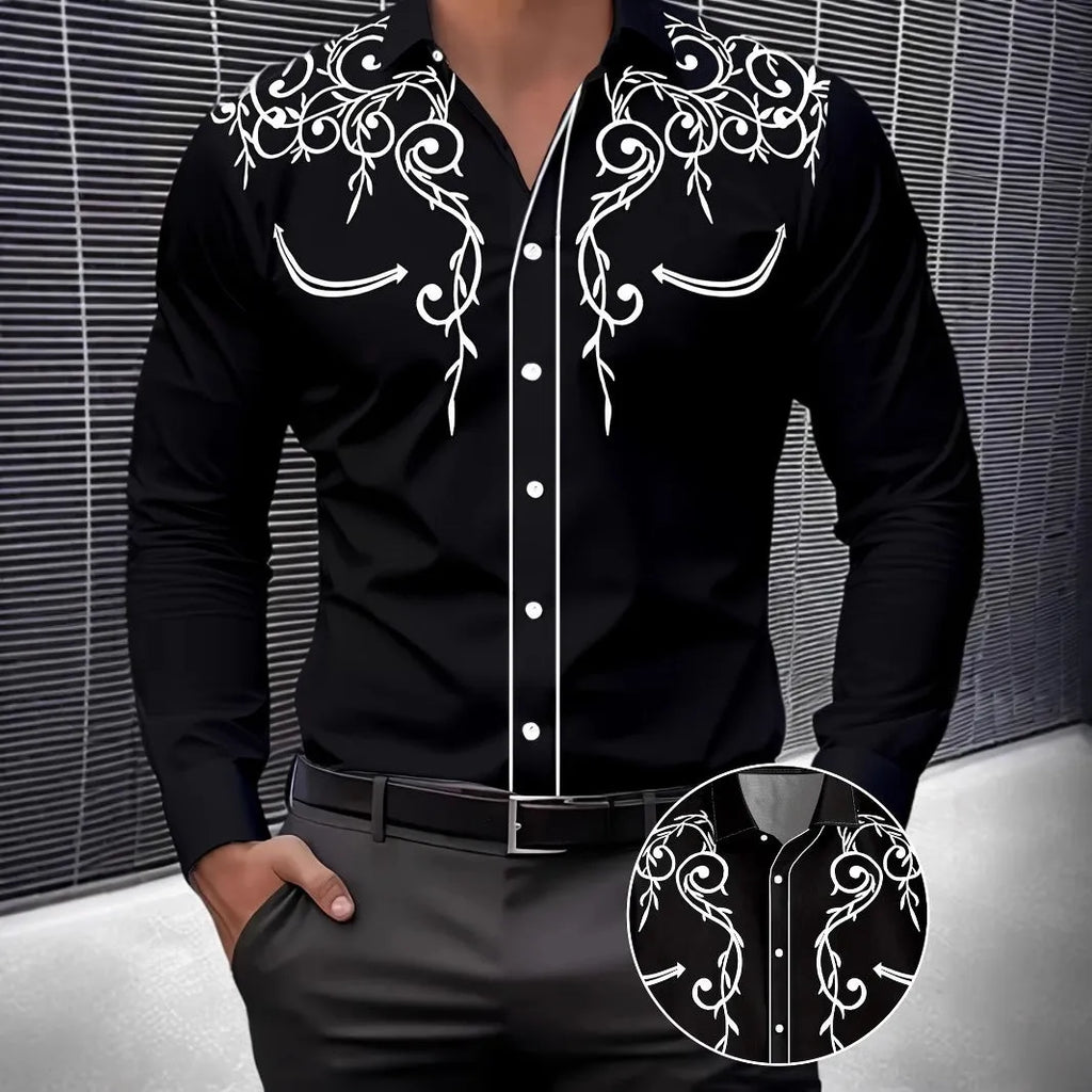 Men's long sleeve cardigan shirt with national style digital print, four-sided elastic fabric, loose fit