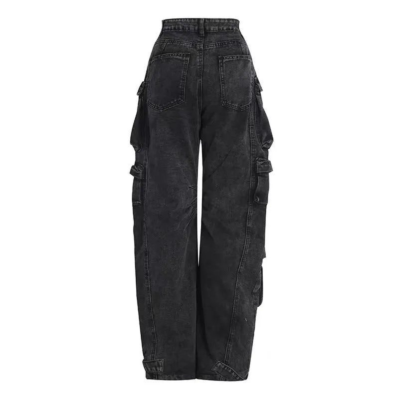 Women's high waist wide leg jeans with multiple pockets in street hipster style