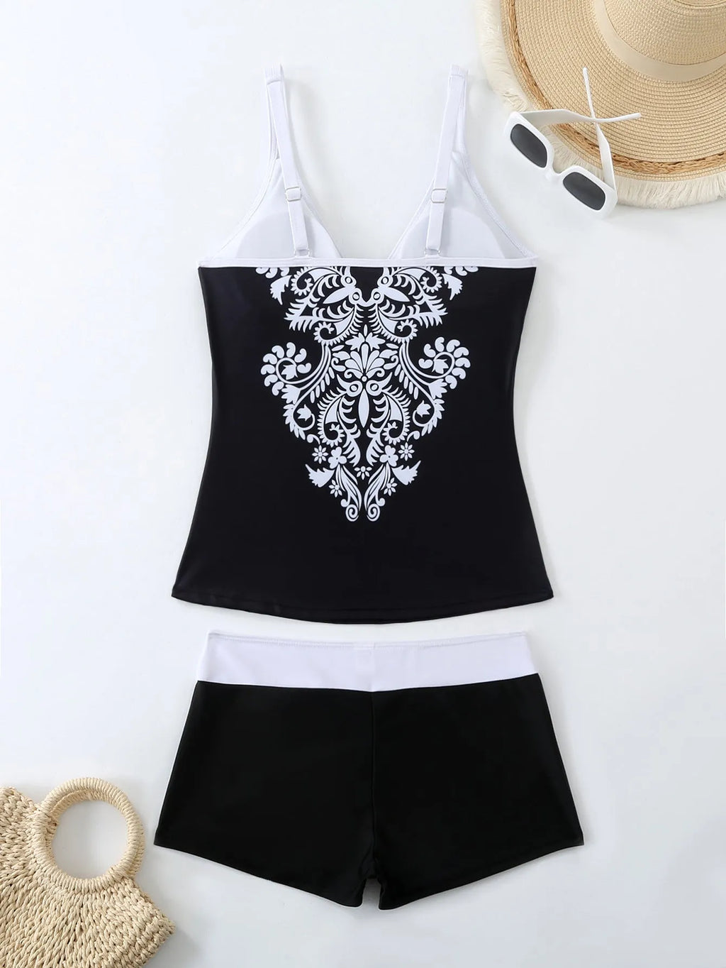 Women's plus size two-piece swimsuit in black or rose red printed colour with cotton lining