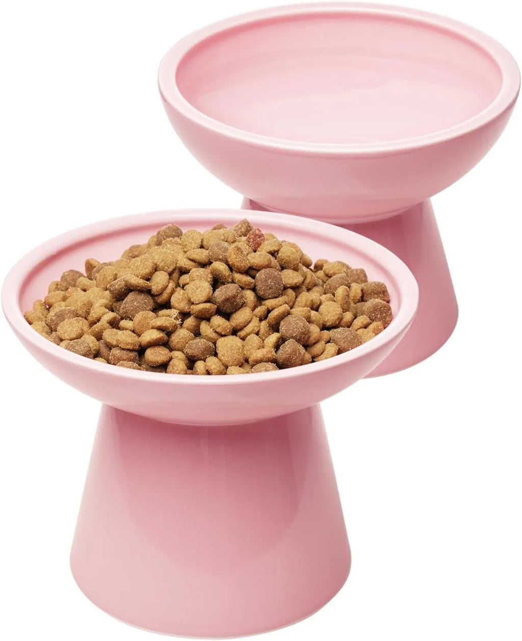 Elevated ceramic cat bowl set with wide shallow dish in blue green pink white colour options