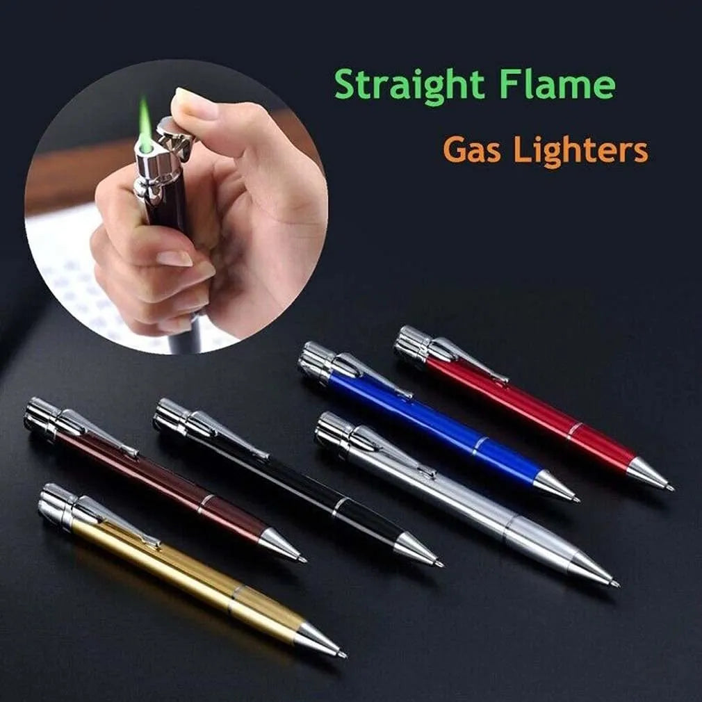 A slim metal pen-style jet flame lighter in a choice of colours, shown with a windproof blue flame.