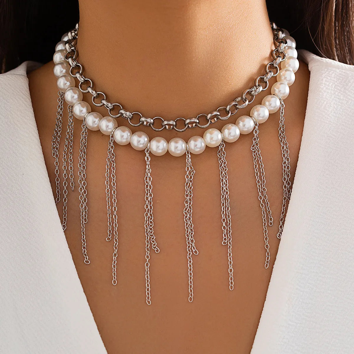 Double-layer imitation pearl tassel necklace with iron pendant and ball bead chain in white K colour
