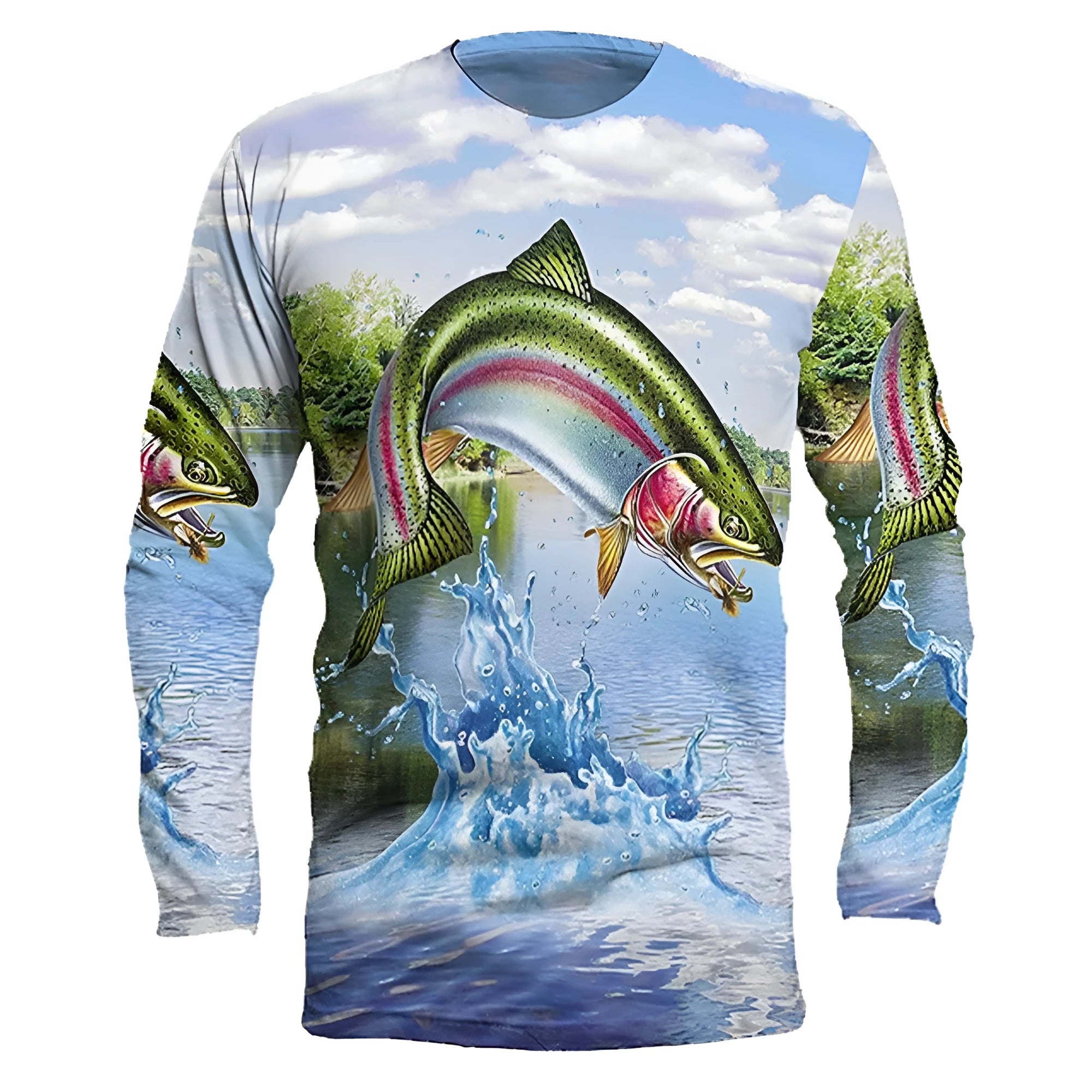 Man wearing a long-sleeved grey pullover with a detailed multi-coloured fish print design on the front.