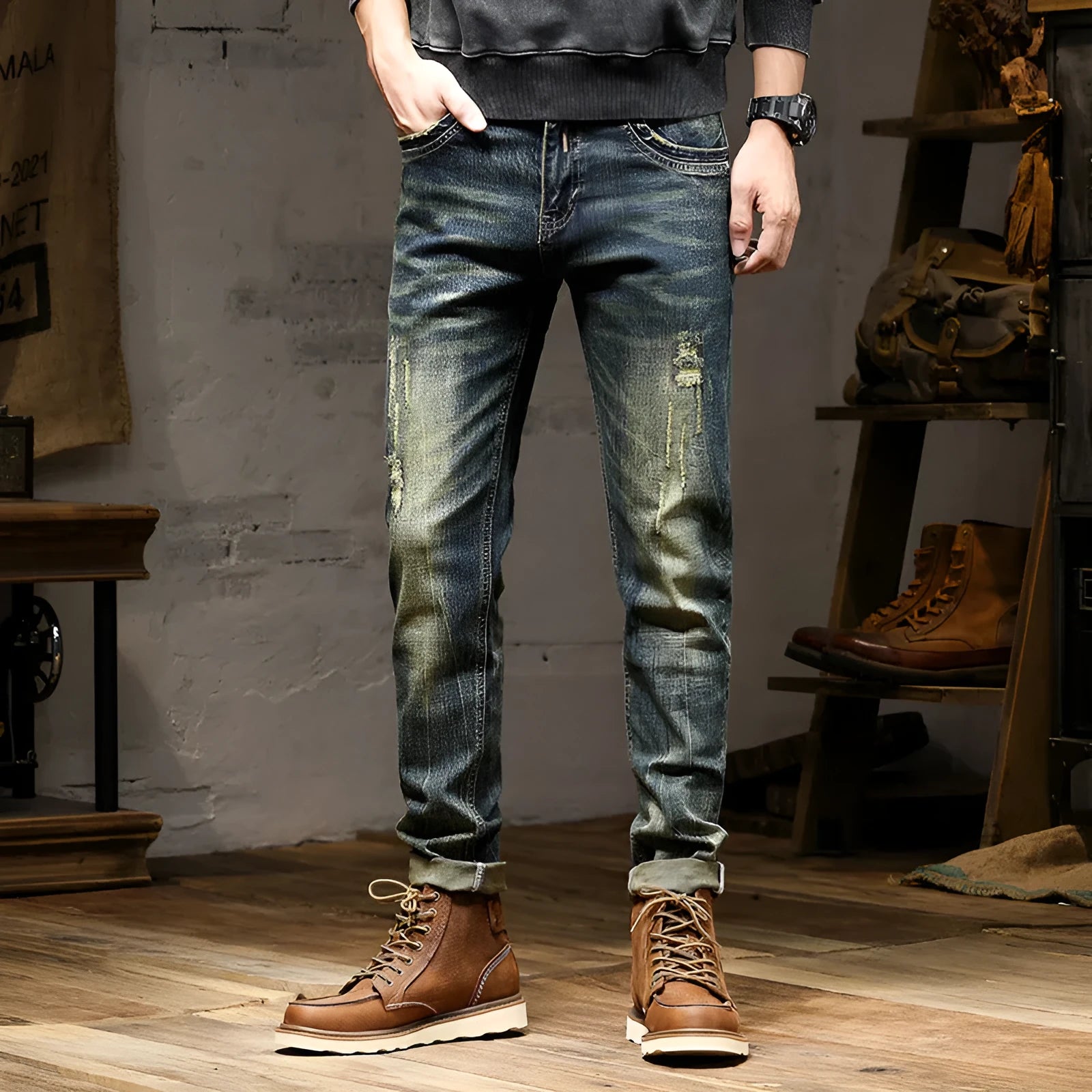 Men's skinny fit jeans in a retro colour with a zip fly, shown laid flat.
