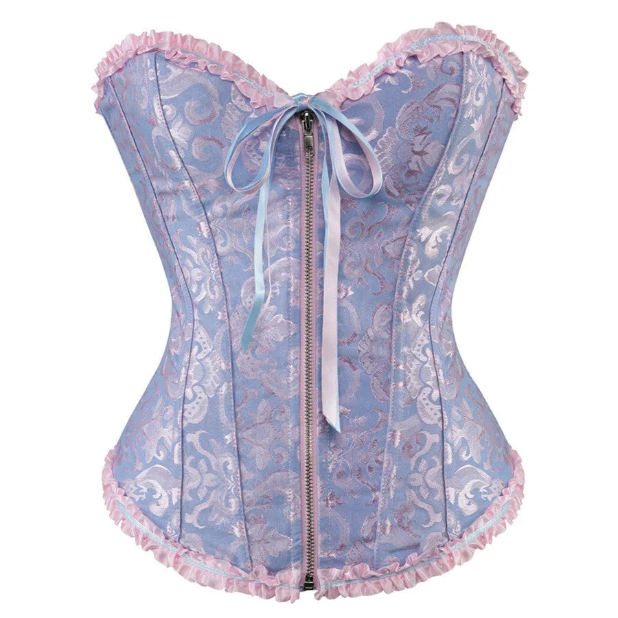 Women's black jacquard corset with a front vertical zip closure, shown on a mannequin.