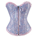 Women's black jacquard corset with a front vertical zip closure, shown on a mannequin.