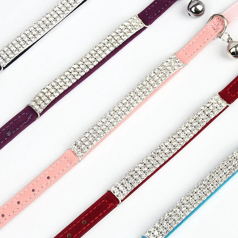 Velvet cat collar with rhinestone decorations in various colours showing adjustable strap