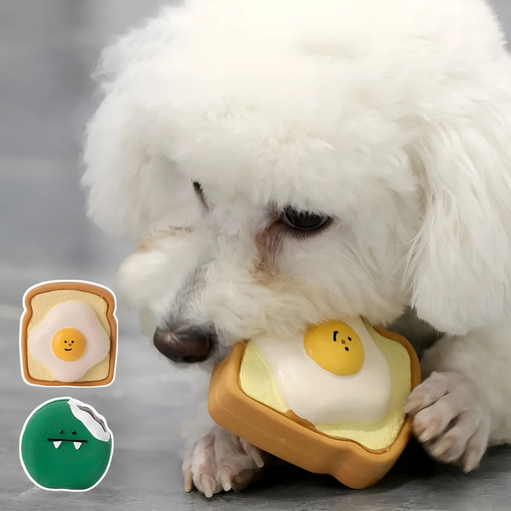 Cartoon pattern latex dog chew toy shaped like egg bread with squeaker in yellow or green