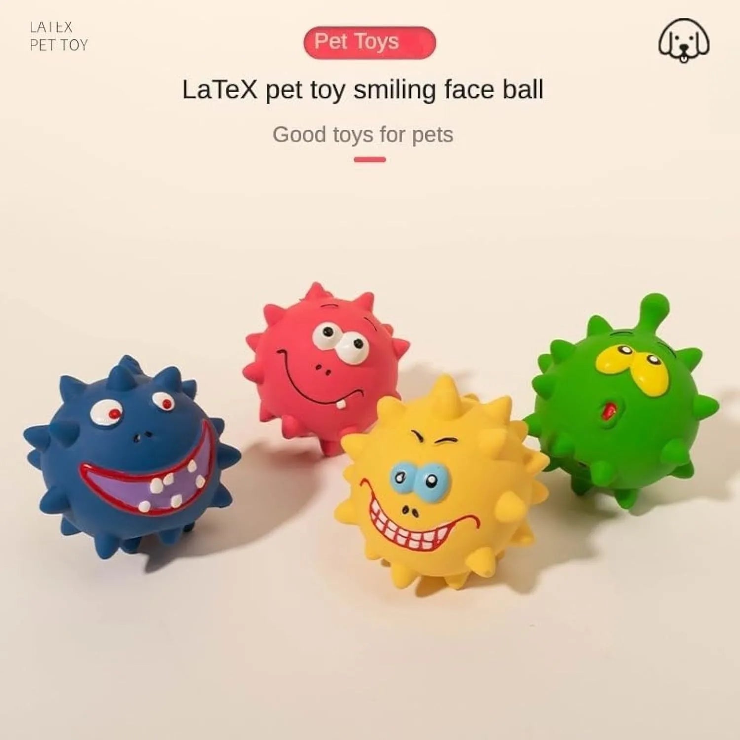 Four colourful natural latex dog balls with squeaky features and cute animal faces