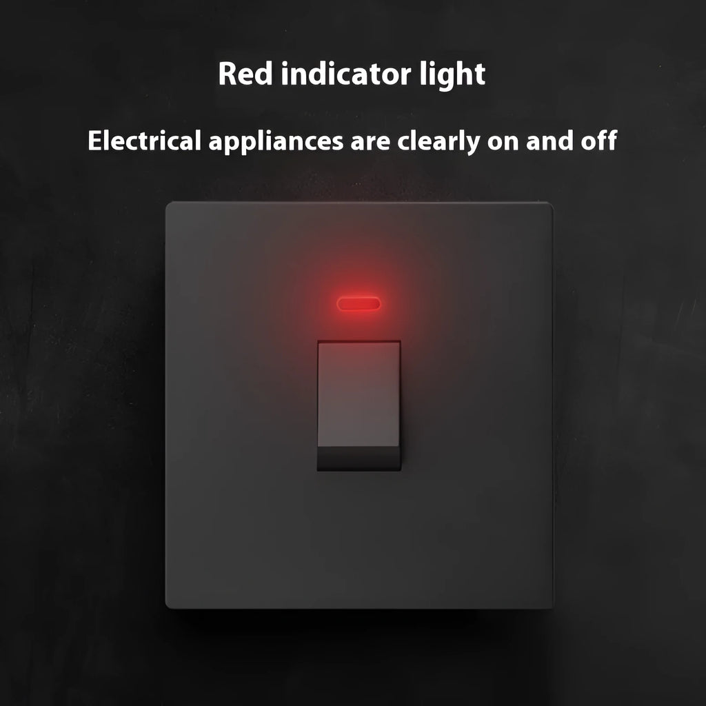 Gold curved rack panel switch with LED indicator light for high-current applications.