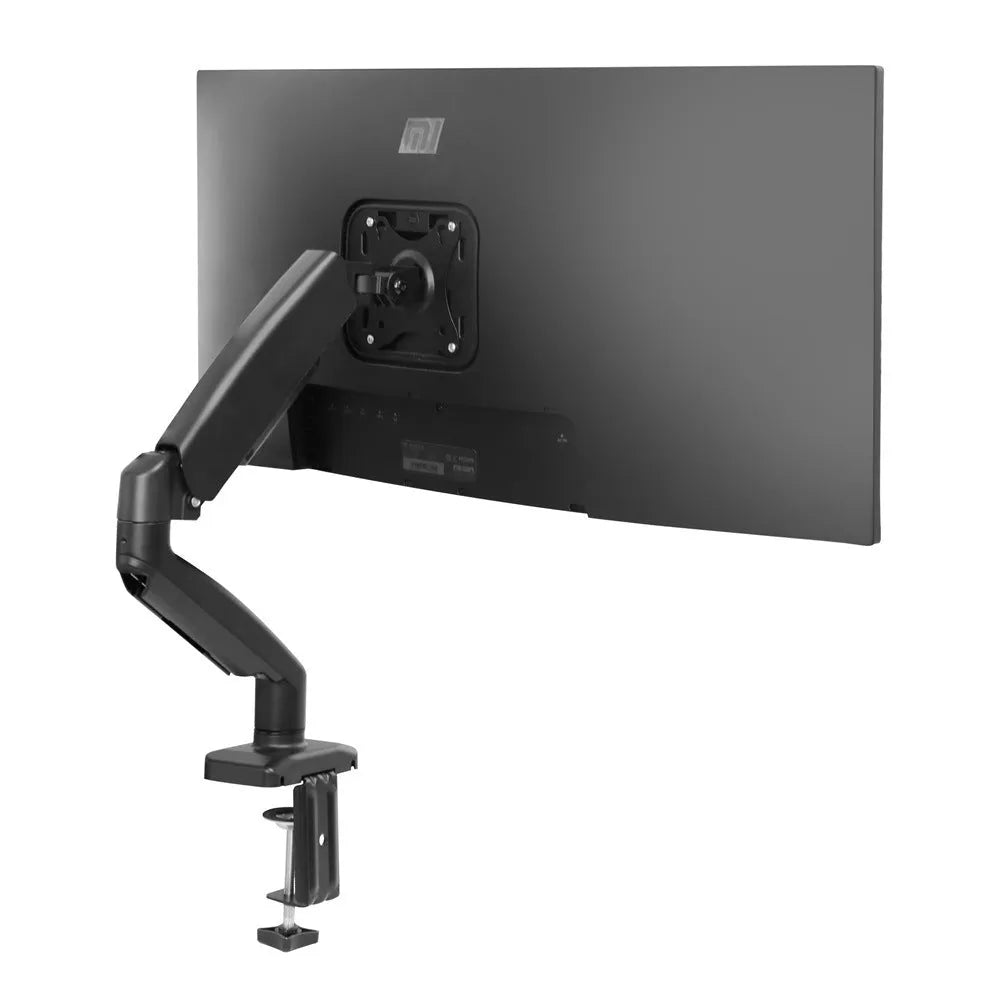Black rotating telescopic LCD screen bracket elevated on desk with adjustable height and tilt