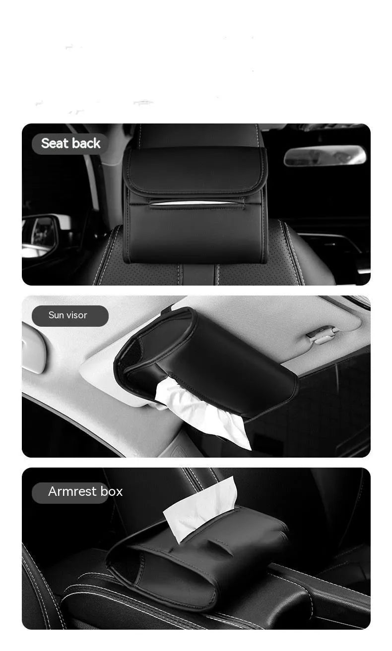 Leather car tissue box holder with elastic band for seat back installation in vehicle