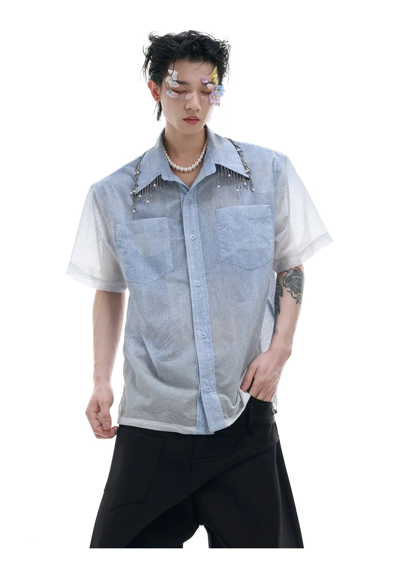 Men's blue and white gradient colour loose fit shirt with quilted pattern and short sleeves