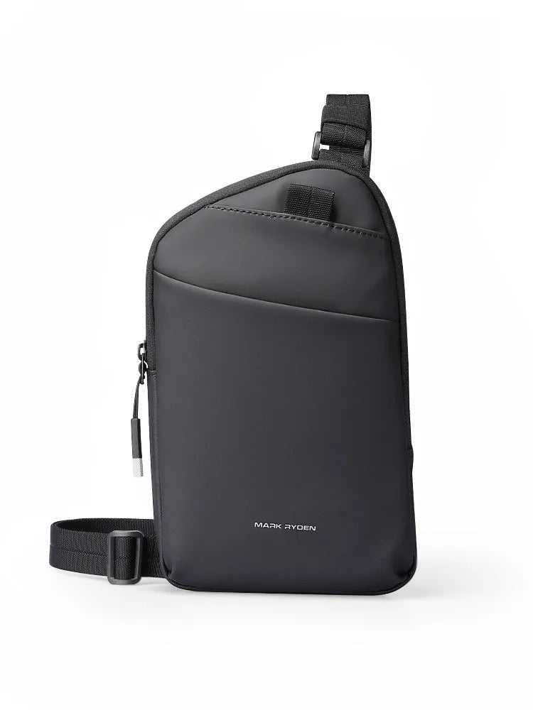 Men's black Oxford cloth crossbody bag with reinforced sewing thread construction