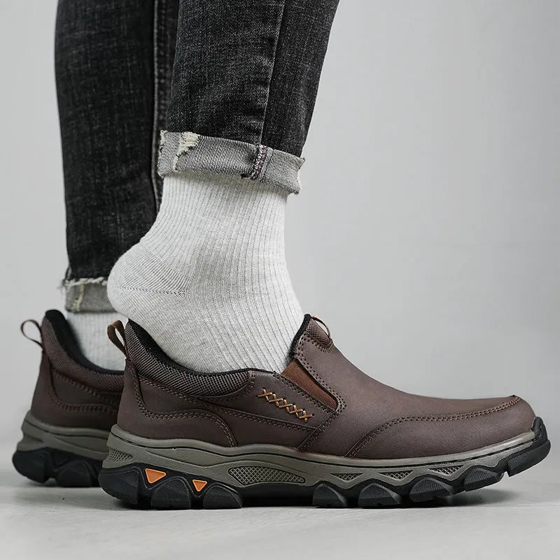 Men's dark brown casual leather-style shoes with round toe and flat rubber sole