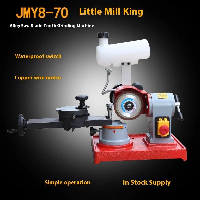 Manual sharpedge grinding machine for woodworking saw blades on a workshop bench.