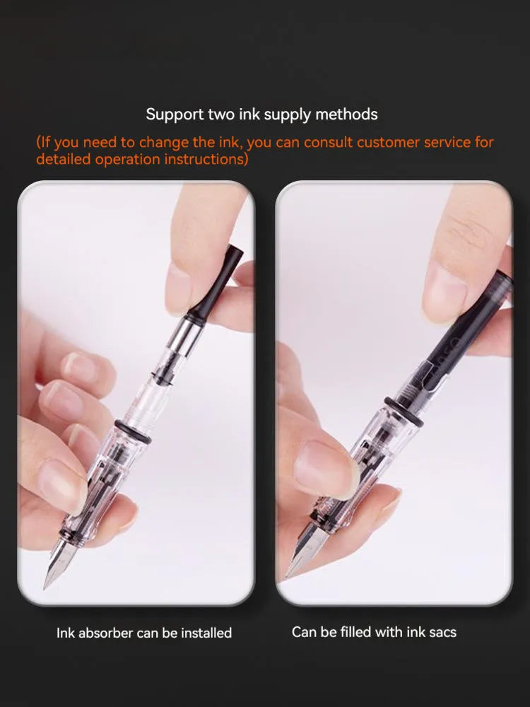 Student automatic suction fountain pen set with ink feeder and carry case, showing 0.5mm and 0.38mm nib options