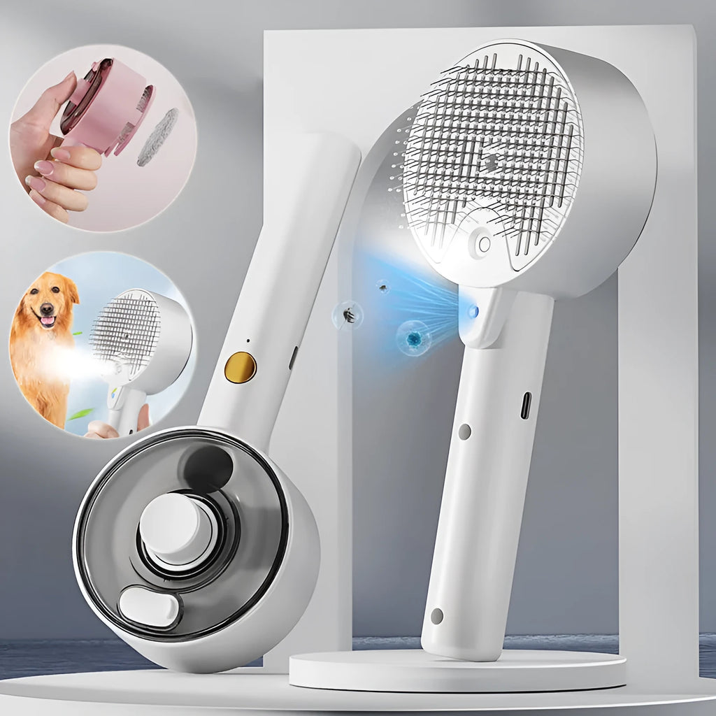 Ceramic white pet grooming brush with spray function and UV sterilisation light for cats and dogs
